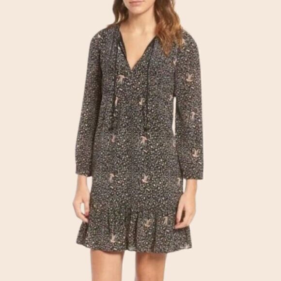 Madewell Black Printed Silk Fiesta Paisley Bell-Sleeve Mini Tunic Dress Size 2 - Picture 2 of 16